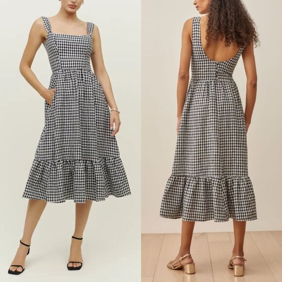 Reformation Bucatini April Check Black White Gingham Linen Dress Size 12 NWT - Picture 1 of 11